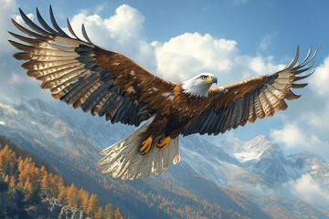Fototapeta premium The majestic eagle is spreading its wings and flying high.