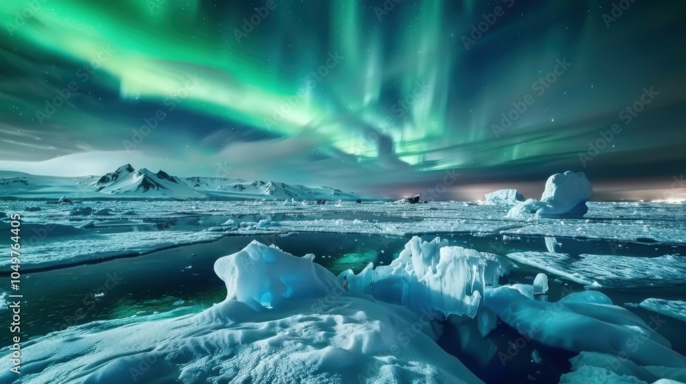 Poster a dramatic view of an ice-covered fjord with colossal icebergs and a rare, bright aurora borealis we