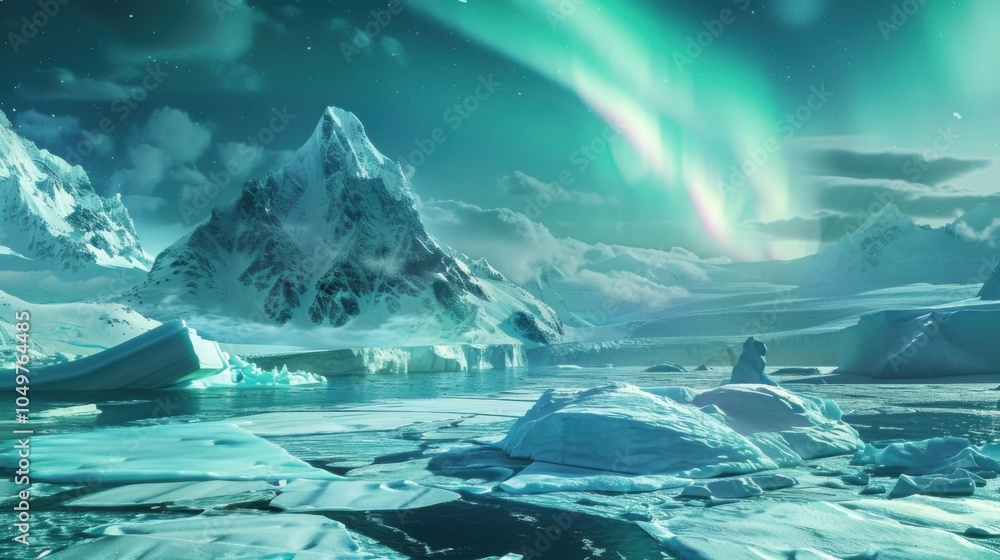 Poster a dramatic view of an ice-covered fjord with colossal icebergs and a rare, bright aurora borealis we