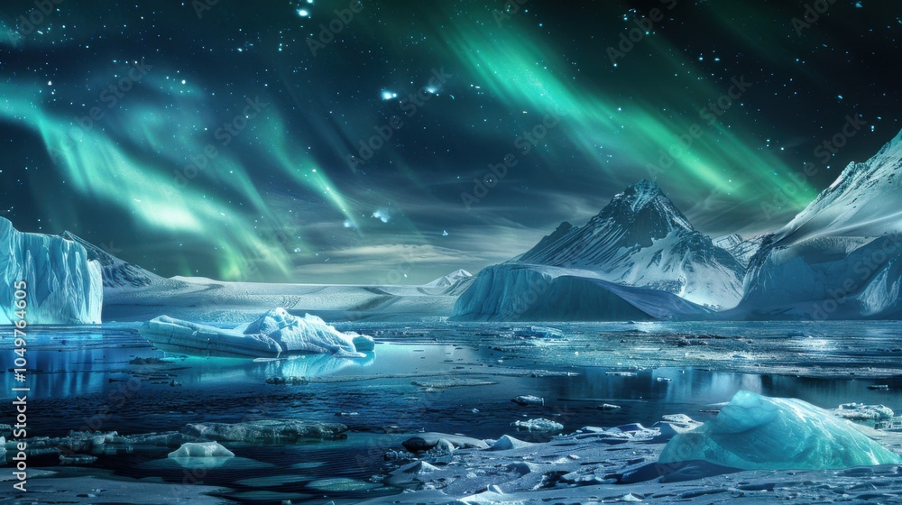 Poster a dramatic view of an ice-covered fjord with colossal icebergs and a rare, bright aurora borealis we