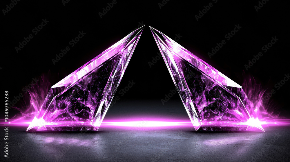 Poster stunning abstract design featuring two sharp, crystal like structures emitting vibrant pink glow. in