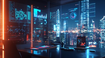 Futuristic Cityscape View from Modern Office Window
