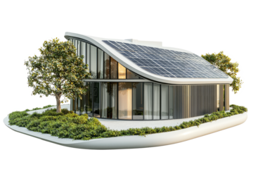 Futuristic house with curved walls and solar panels, on a white background