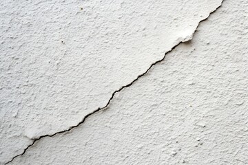 Close-up of a cracked white wall background, showcasing a diagonal fracture in the textured surface. Ideal for construction or distressed design themes.