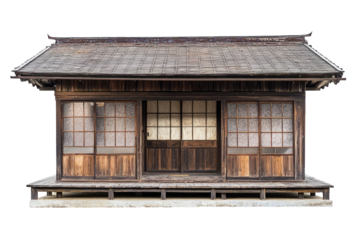 Japanese Edo-period wooden house with sliding shoji doors, on a white background