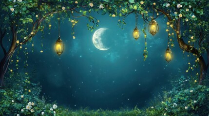 Fototapeta premium Magical Moonlit Forest Enchanted Landscape with Glow Lanterns