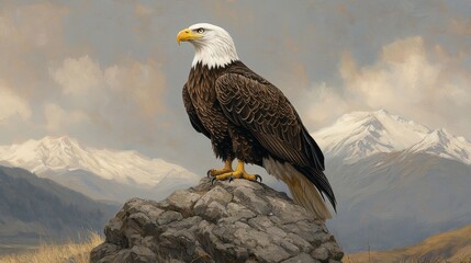 Obraz premium Majestic eagle perched on a rocky outcrop, with mountains in the background, symbolizing strength and freedom in nature.