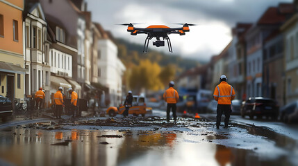 Drone Flying Over Urban Street with Workers Below