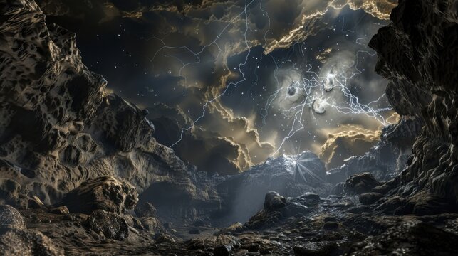 A dramatic view of an uncharted cavern with rare mineral formations and a spectacular meteor storm creating dynamic lighting effects within the cavern, Cavern scene, Dynamic style