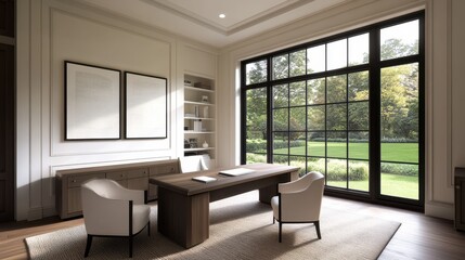 Fototapeta premium Modern office interior featuring a large window, minimalist furniture, and a serene view of nature outside.