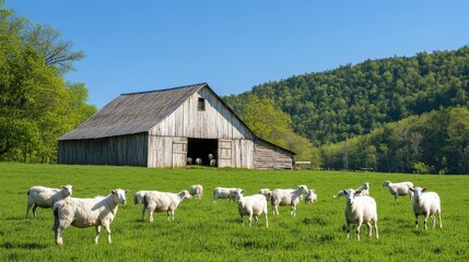 Obraz premium Scenic view of sheep grazing in green pasture near a rustic barn under a clear blue sky, surrounded by lush hills.