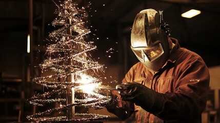 A master welder creates a metal Christmas tree using welding. The sparks from the welding illuminate the tree and surrounding area, creating the effect of lights on a Christmas tree.
