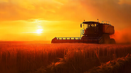 Naklejka premium Golden Sunset Over Fields with Tractor in Warm Hues