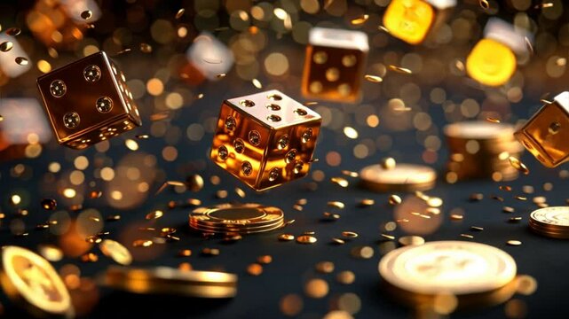 Golden Dice Fortune: Luxurious golden dice and coins cascade in a dynamic, 3D-rendered image, symbolizing wealth, luck, and high-stakes gambling.  