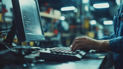 A mechanic uses a computer for engine diagnostics, with an auto repair service garage blurred in the background. 