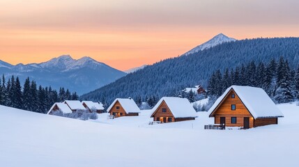 Scenic winter landscape featuring cozy cabins surrounded by snow-covered mountains at sunset, capturing tranquil beauty.