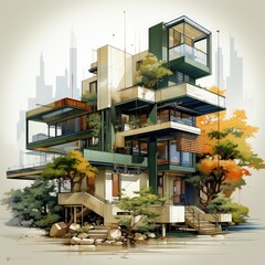 Fototapeta premium Nature-Inspired Modern Architecture with Thin Geometric Lines and Green Accents
