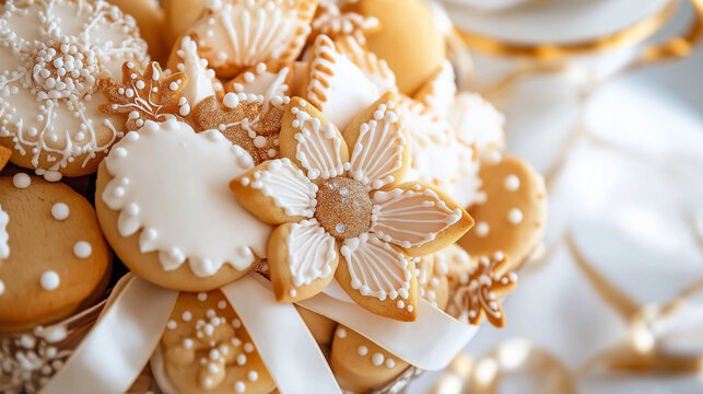 Valentine's Day close-up of a cookie bouquet featuring intricately decorated cookies tied with a decorative ribbon against a soft background