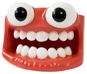 Tooth funny toy denture red color jaw and eye on transparent background.