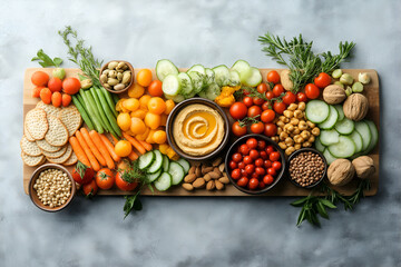 Creative vegan charcuterie board filled with nuts, hummus, crackers, fruits, and a variety of vegetables for a vibrant display, Vegan food photography