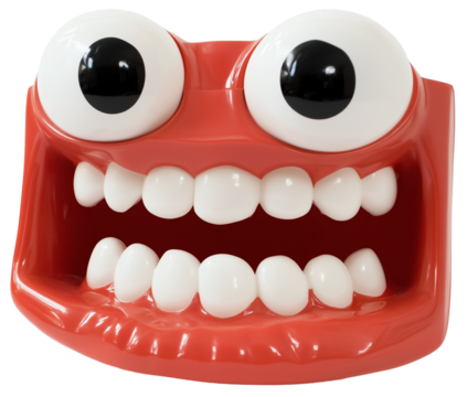 Tooth funny toy denture red color jaw and eye on transparent background.