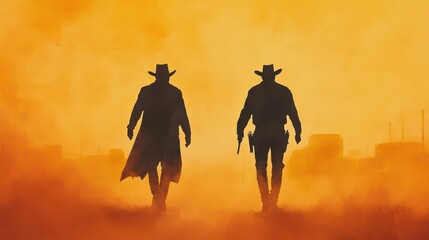 Two cowboys walk into a sunset, embodying the spirit of adventure and the wild west, surrounded by a golden, smoky backdrop.