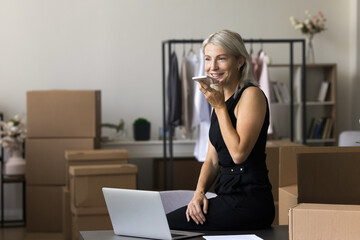Middle age seller businesswoman working from office at web store warehouse storage using mobile...