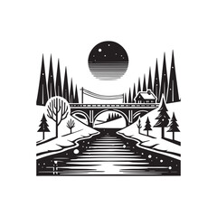 Christmas Winter  Scene vector illustration -   Landscape Featuring A Bridge Clipart Design 
