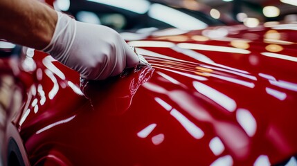 A specialist applies vinyl film on a car during a wrapping process, shown in close-up. 