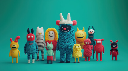 Fototapeta premium Cute Plush Monster Characters Standing Together on Turquoise Background.