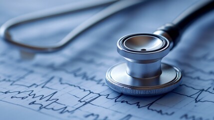 A stethoscope head on a cardiogram paper, symbolizing arrhythmia or pacemaker diagnostics. 