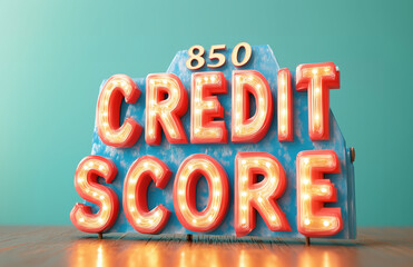 850 Credit Score Neon Sign on Blue Background.