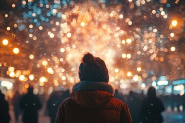 Person Gazing at Festive Fireworks During a Cozy Winter Night Celebration