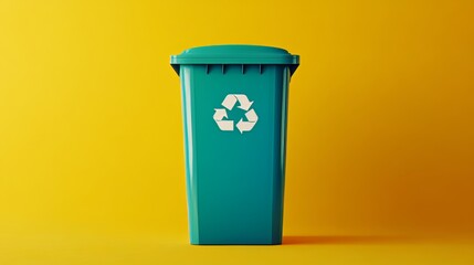 A turquoise recycling bin with a white icon, placed against a bright yellow background. 