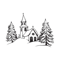 Fototapeta premium Christmas Winter Scene vector illustration - Snowy village scene with a church Clipart Design 