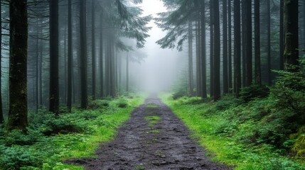Fototapeta premium A serene forest path enveloped in mist, showcasing lush greenery and tall trees, inviting exploration and tranquility.