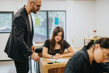 A teacher guides students during a collaborative classroom activity. Students focus on solving...