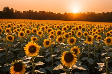 Obraz premium Sunflower field a field of sunflowers at golden hour glowing in the light of the setting sun, AI Generated