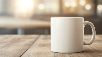 Fototapeta premium A simple white mug on a wooden table, perfect for showcasing drinks or elegant coffee moments in a cozy setting.