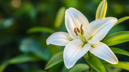 Fototapeta premium A stunning white lily flower in full bloom, surrounded by lush green leaves, symbolizing purity and tranquility in nature.