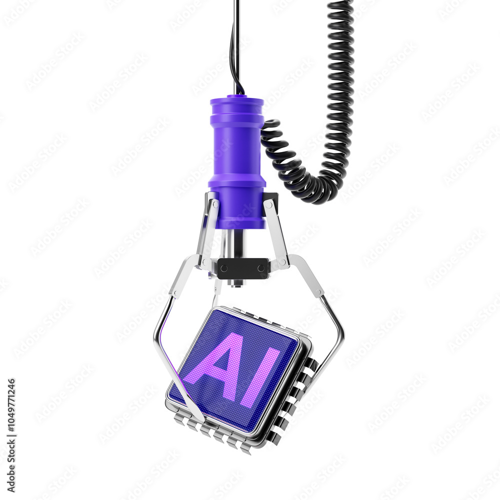 Poster robotic claw grabbing an ai chip with a purple casing, isolated on a clean white background. technol