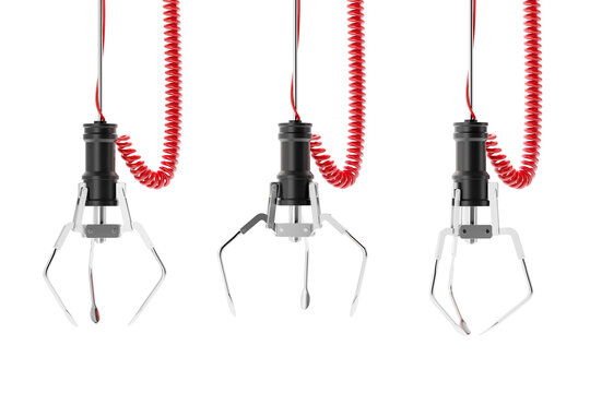 Three claw machine grabbers hanging on coiled red cables, isolated on a white background. Concept of arcade games or mechanical tools. 3D Rendering