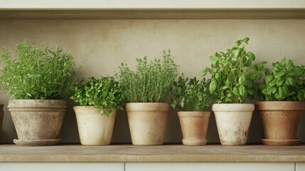 Fototapeta premium A vibrant display of assorted herb plants in terracotta pots arranged on a wooden shelf, enhancing any indoor space.