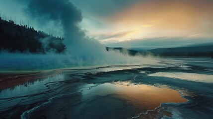 A dramatic view of the geothermal pools and steaming vents of Yellowstone National Park at sunrise, Geological scene, Cinematic style
