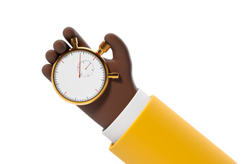 Hand holding a stopwatch with a gold frame. Minimalist design in an isolated, white background. Concept of time management. 3D Rendering