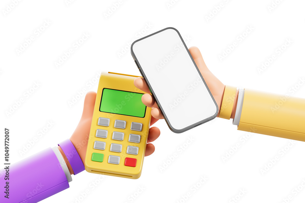 Poster a hand holding a smartphone close to a card reader, simulating a contactless payment. isolated on a 