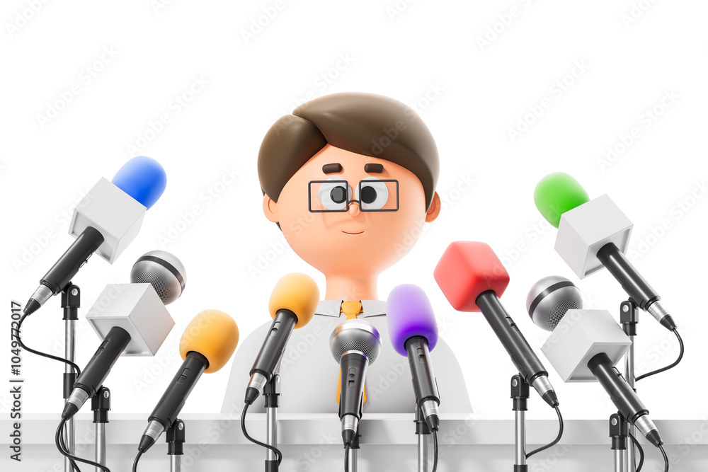 Poster a cartoon person standing behind multiple microphones in front of a podium. isolated on a white back
