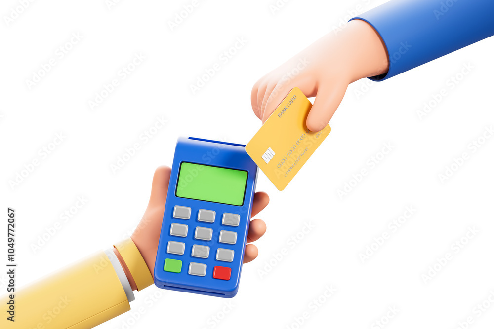 Poster a hand holding a credit card tapping on a payment terminal, isolated on white background. concept of