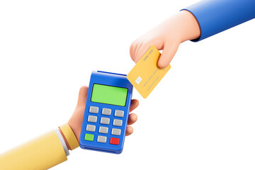 A hand holding a credit card tapping on a payment terminal, isolated on white background. Concept of contactless payment. 3D Rendering