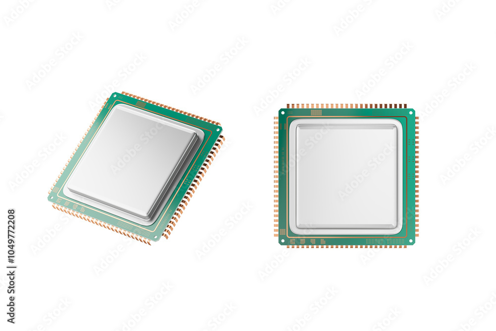 Poster two computer processor chips shown from different angles, isolated on a white background. clean, iso